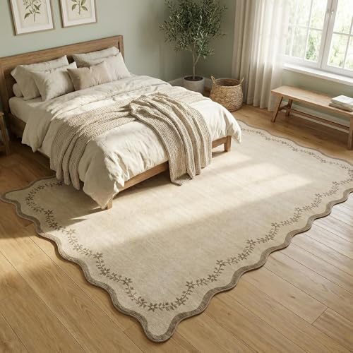 GarveeHome 5x7 Scalloped Area Rug Tan Jute Washable Rugs for Living Room Bedroom, Soft Low Pile Non Slip Accent Floor Mat Solid Floral Print Throw Rug Farmhouse Indoor Carpet for Dorm Playroom - Thumbnail 2