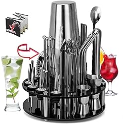 Maletin Barman Profesional CKductpro Juego de coctelera,41Pcs Coctelera Profesional barman herramientas de barra,Coctelera Boston,con Soporte Giratorio de Exhibición,jigger,cuchara mezcladora,recetas,Cocktail Bar Gift(41pcs)