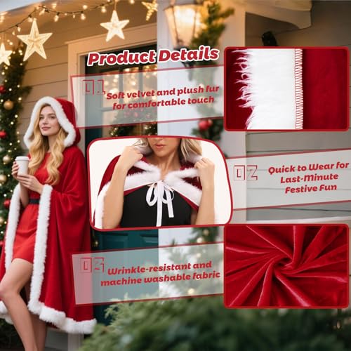image for UDYR Women Santa Cloak Mrs Claus Costume Cape Hooded Robe, Christmas C