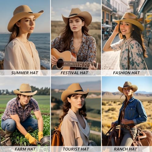 Image of Adjustable Straw Cowboy Hat, Western Cowgirl Sun Hat for Outdoor | Fits Large Heads for Men & Women, Detachable Chin Strap, Shapeable Wide Brim, Breathable & Lightweight