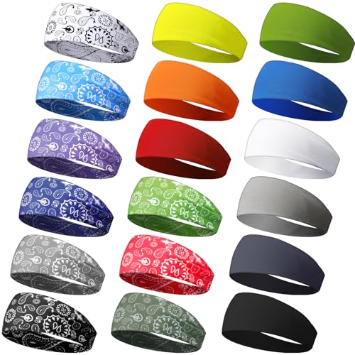 Image of 18 Pcs Sports Sweatbands for Men Women Camo Headbands Workout Non Slip Headbands Breathable Head Band Fitness Stretchy Unisex Hairband for Yoga Running Cycling Ball