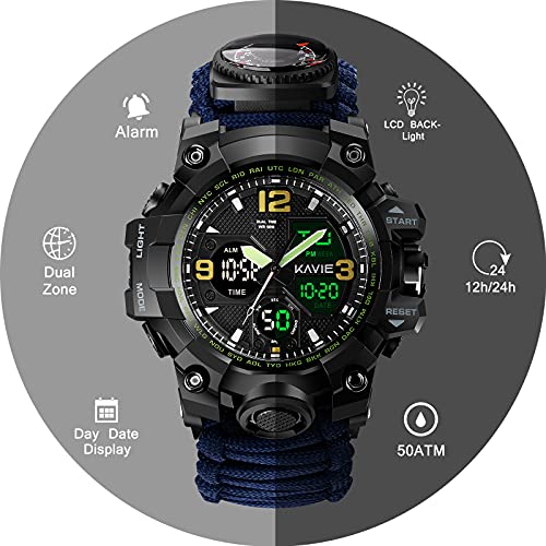 Mens Tactical Military Digital Watch, 23-in-1 Survival Multi-Functional Army Outdoors Waterproof Camouflage Sports Watches Dual Display Analog LED Electronic Wristwatches with Compass Paracord Band