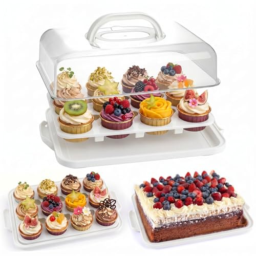 VGOODALL Cake Carrier with Lid and Handle, 12 Capacity Cupcake Carrier, 2-in-1 Rectangular Cupcake Holder for Pies Muffin Pizza Nuts Fruit, Dessert Storage Containers for Parties, Picnics, Baking