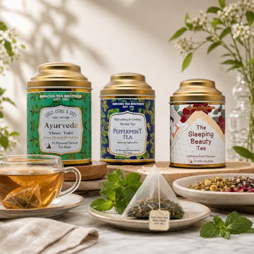 Image of Sancha Tea Boutique, Caffeine-Free Herbal Tea Bundle, Peppermint, Sleeping Beauty & Tulsi Herbal Tisanes, Eco-Friendly Biodegradable Pyramid Tea Bags, Value Pack