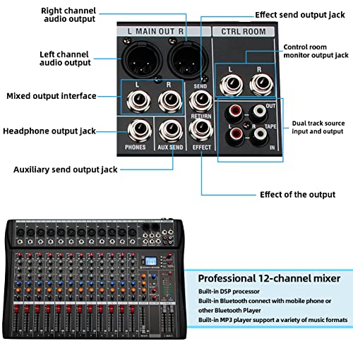 Depusheng DX12 Interface contrôleur de son DJ avec lecteur USB pour enregistrement sur ordinateur Mélangeur audio studio 12 canaux - Prise microphone XLR, alimentation 48 V, entrée/sortie RCA - Image 5