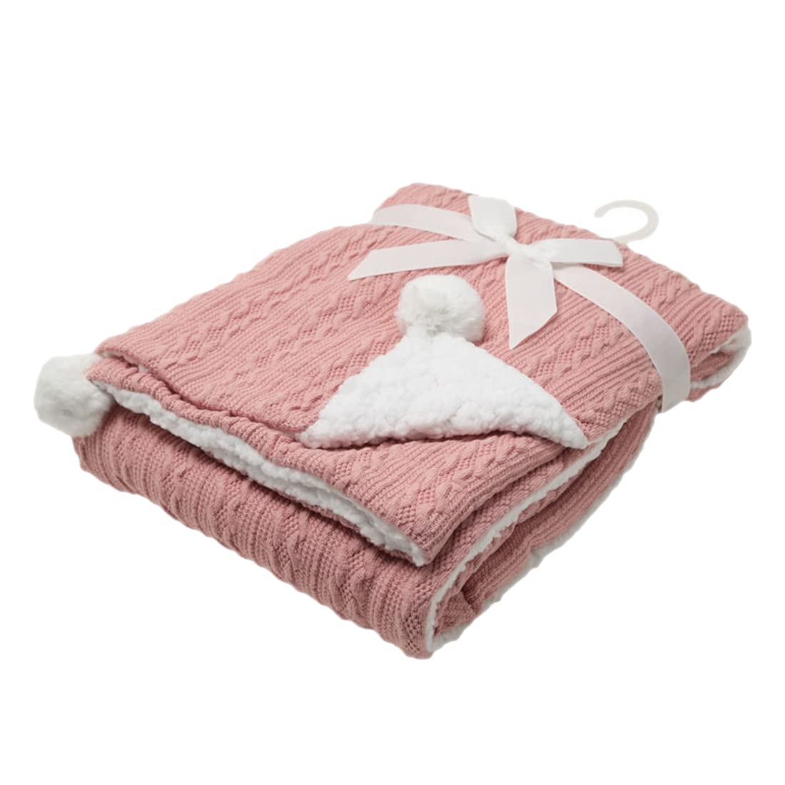 Gum & Berries Baby Wrap Cable Knit Pom Pom Soft Sherpa Back Pram Blanket Soft Touch Rose Gold 75 cm x 90 cm