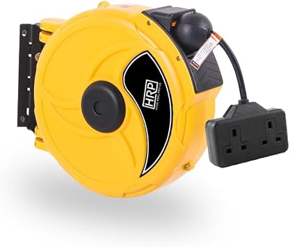 Retractable Extension Cable Reel, Heavy Duty Power Cable 9m Retractable Cable Reel Double Sockets 13A Power Switch Yellow
