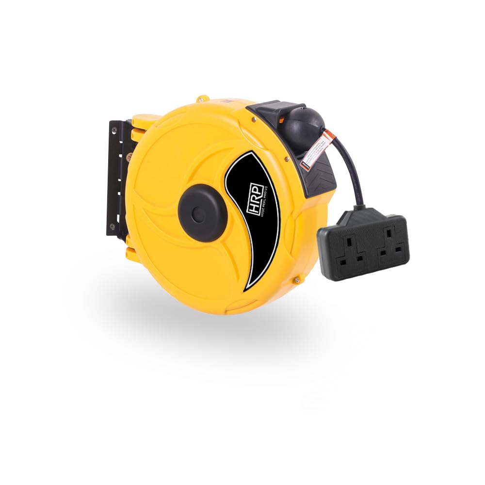 Retractable Extension Cable Reel, Heavy Duty Power Cable 9m Retractable Cable Reel Double Sockets 13A Power Switch (Yellow)