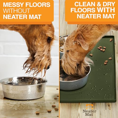 Image of Neater Pet Brands Neater Mat Pet Mats for Food and Water, Cat & Dog Bowl Mat Waterproof Silicone, Feeding Tray, Dog Food Mats for Floors, Placemat w /Raised Edge for Under Bowls, 19 inch x 12 inch, Olive