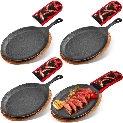Lallisa 4 Sets Cast Iron Fajita Plate Set Fajita Plate Pan with Wooden Tray Anti Scald Protection Hot Mitt Cast Iron Skillet Set for Home Barbecue Kitchen Party Restaurant Catering Service by Lallisa - Used condition - US$65.83