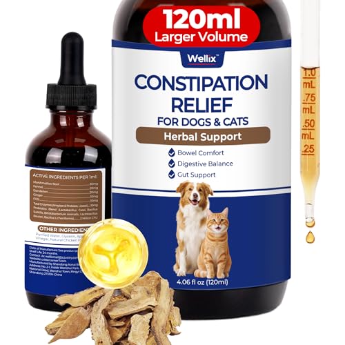 Wellix 4oz Cat & Dog Constipation Relief - Liquid Stool Softener with Dandelion Root, Prebiotics and Probiotics for Cats & Dogs - Natural Laxative for Gas and Tummy Relief - Chicken Flavor