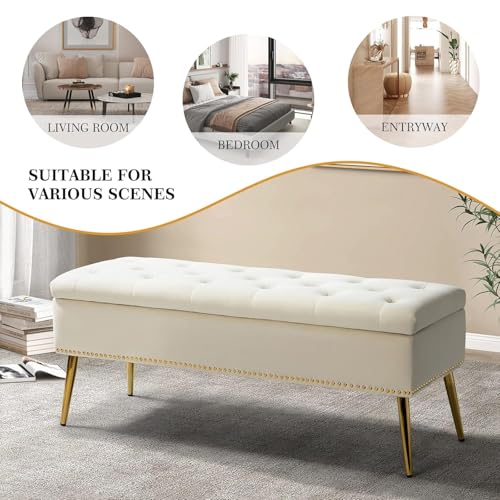 Image of Modern Off White Velvet 2 Seater Storage Bench Ottoman for Bedroom & Living Room | Upholstered Tufted End of Bed Bench with Hidden Storage | Gold Metal Legs