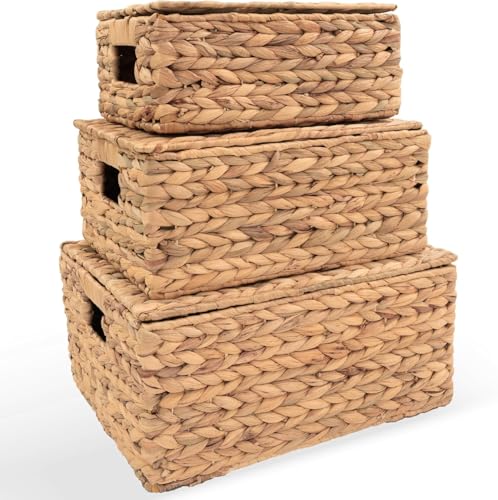 Homodoskey 14 inch Wicker Storage Baskets with Lids, Set of 3 Rattan Lidded Water Hyacinth Baskets for Organizing,Hand Woven Large Rectangular Basket Boxes with Top, Decorative Chest Organize