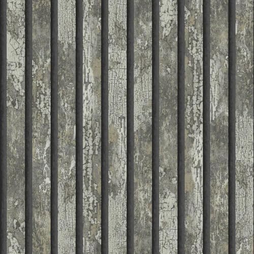 Carbon Oxidize Grey Wallpaper - Wood Panel Metallic Effect Rustic Worn Realistic - Textured Modern Feature Wall