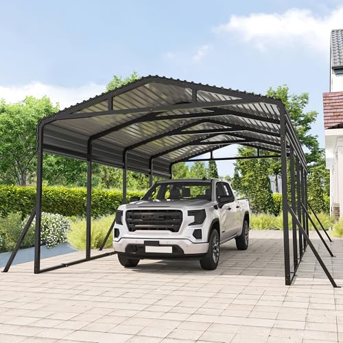 Carport Canopy 12’X20’ Heavy Duty Car Port Galvanized Steel Roof, Reinforced Stable Triangle Frame for Snowy Windy Metal Carports Enhanced Base Car Tent for Car,RV,Pickup,Boat,Truck,Tractor