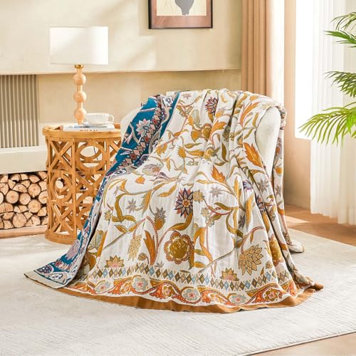 Image of XIBLC Fall Throw Blanket for Couch, Brown Boho Decorative Throw Blanket, 100% Cotton Muslin Breathable Woven Farmhouse Blankets Quilt, 50 inchx60 inch Reversible Lightweight Blankets Bohemian Throw Quilt