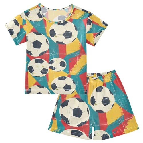 ALAZA Retro Ball Soccer Pajamas Set Short Sleeve Cotton Sleepwear Summer Pjs 2 Piece 5-14Y