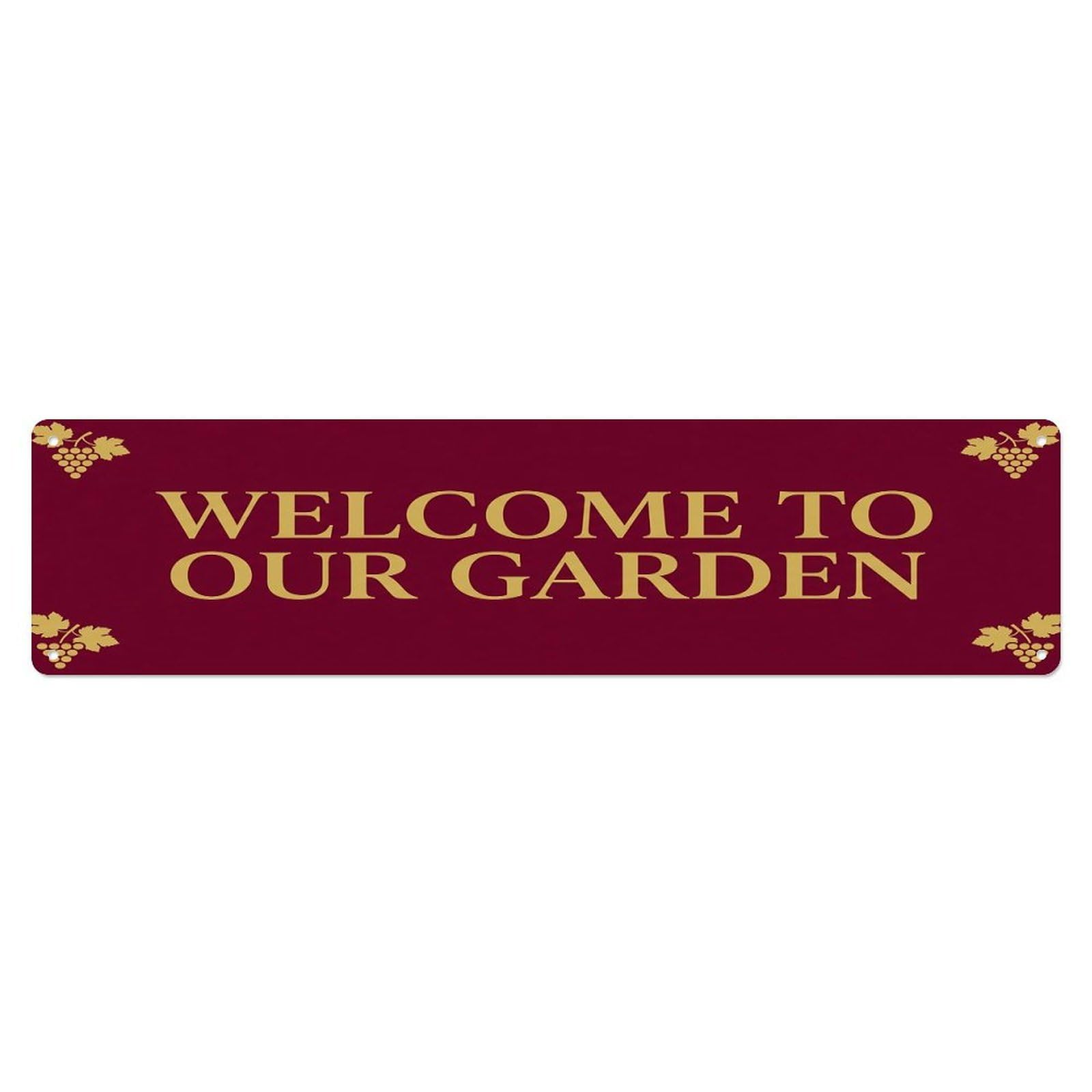Vintage Welcome to Our Garden Burgundy Red Metal Tin Sign
