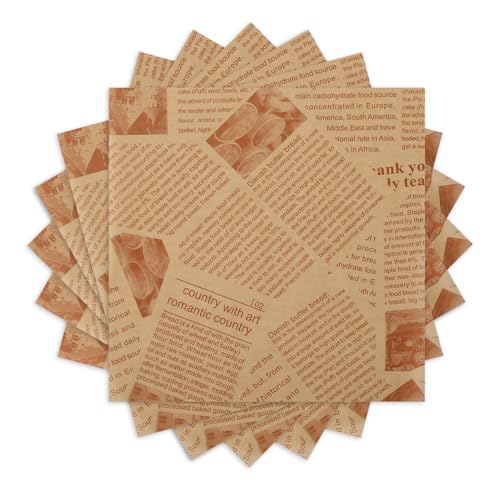 Hugwish 100pcs Papel de Embalaje de Alimentos 22x22cm, Periódico Alimentario, Encerado, Kraft Sulfurizado para Sándwich, Papas Fritas, Hamburguesa