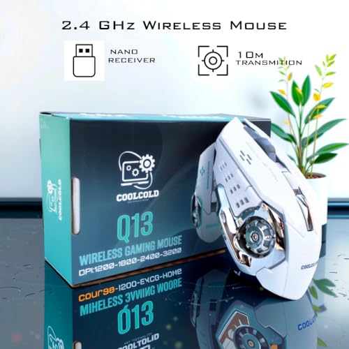 Image of COOLCOLD Gaming Mouse | Rechargeable, Wireless Gaming Mouse | with Type c OTG Dongle, 2.4Ghz RGB Lights Mice, Upto 2400 DPI 6 Button, 4 Color Breathing Lights, Distance-10m, (White)