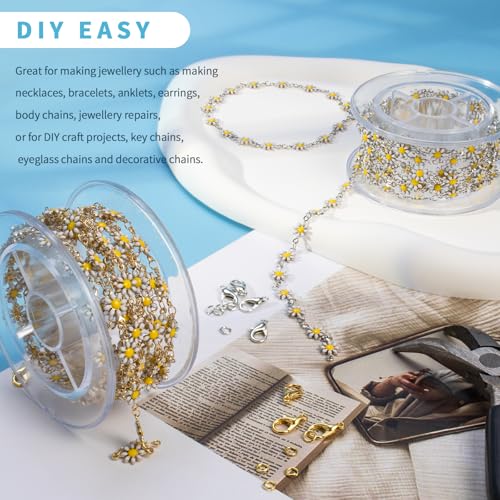 2M White Daisy Flower Link Chain – Enamel Metal Chain with 20 Lobster Clasps & 50 Jump Rings – DIY Bracelet,Necklace,decorating belts, handbags(Gold/Silver)4