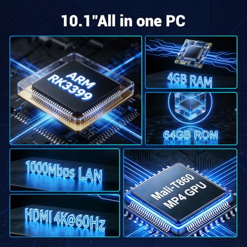 Image of Fanless All-in-One Touchscreen Mini Computer RK3399, Industrial Mini PC 10.1 Inch Rugged Android 12, 4GB RAM, 64GB ROM, 1280 * 800 IPS