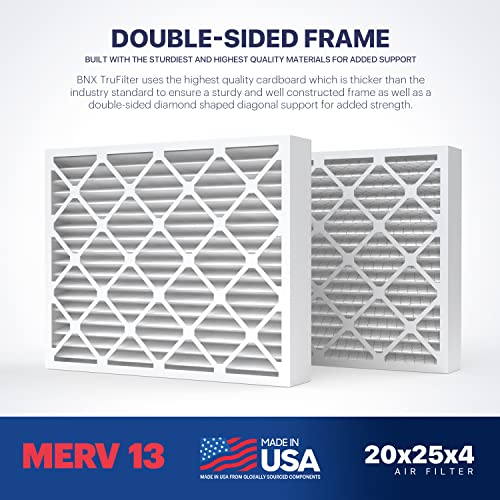 BNX TruFilter 20x25x4 (19.5’’ x 24.5’’ x 3.63‘’ Slim Fit) MERV 13 Air Filter (2-Pack) - MADE IN USA - Air Conditioner HVAC AC Furnace Filters Health, Allergies, Mold, Bacteria, Smoke, MPR 1900 FPR 10