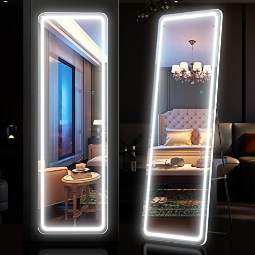 DEXHOM 63"x16" Full Length Mirror Lighted LED Free Standing Floor Mirror, Wall Mounted Hanging Mirror with Lights, Bedroom Full Size Body Mirror with Dimming & 3 Color Modes