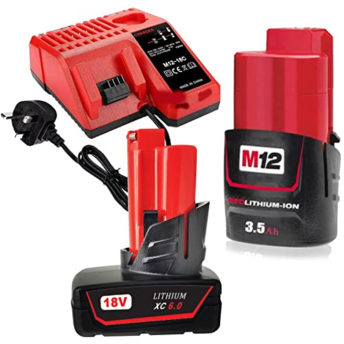 MANUFER 12V 3.5Ah + 12V 6.0Ah M12 Battery for Milwauke + M18-12C 3A Charger for Milwaukee Rapid Replacement Charger Lithium-ion 18V 12V Battery
