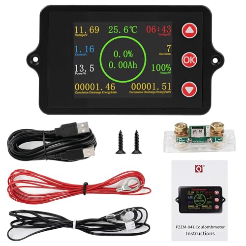Batterie Monitor Multifunktionaler Batteriemonitor Farbbildschirm DC8-100V Stromstärke Spannung Leistung Restkapazität Ladezyklen Englische Haupteinheit + 100A Shunt aus reinem Kupfer + 2m USB