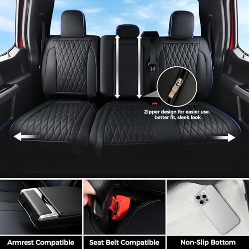 Image of Coverado Leather Rear Seat Covers Fit for Ford F150 F250 F350 F450, Waterproof Ford Truck Rear Seat Covers Fit for 2015-2026 F150 & 2017-2026 F250 F350 F450 (Blueline)