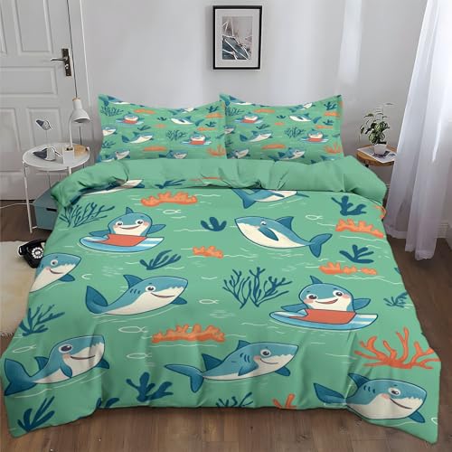 Blue green Duvet Set Premium Brushed Microfiber Duvet Cover Cute baby shark...