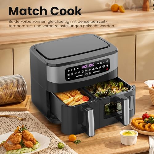 Gidgimo Heissluftfritteuse Doppelkammer, Max 230°C 10L xxl Air Fryer, 12-in-1 Programme Heißluftfritteuse 2 Kammern mit Touchscreen, Smart&Match Funktion, Gesunde Friteuse ohne Öl&fettarmes Kochen – Bild 6