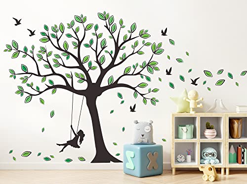 Buiory 6 Sheets Of 12X 18Inch Giant Tree Wall Decal Removable Falling Green Leaves Diy Peel And Stick Art Decor Black Tree Wall Sticker For Baby Kids Girls Bedroom Living Room Offices Classroom Nursery Home Walls Background Decorations (A) #TOP6