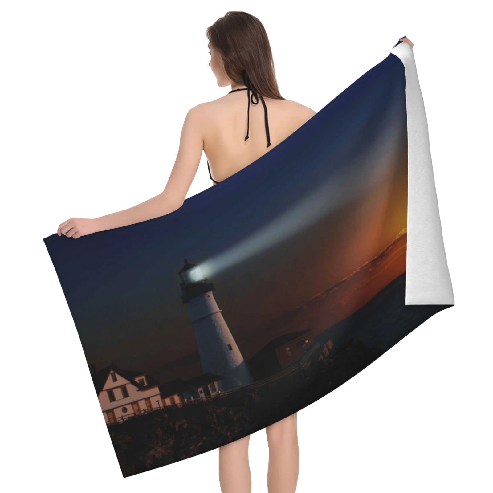 Lawenp Lighthouse and Sunset Beach Towel, Lightweight Sand Free Quick Dry Microfiber Absorbent Bath Towel for Kids, Adults, Swimming, Bath, Yoga, Pool, Travel, Camping 32"X52"