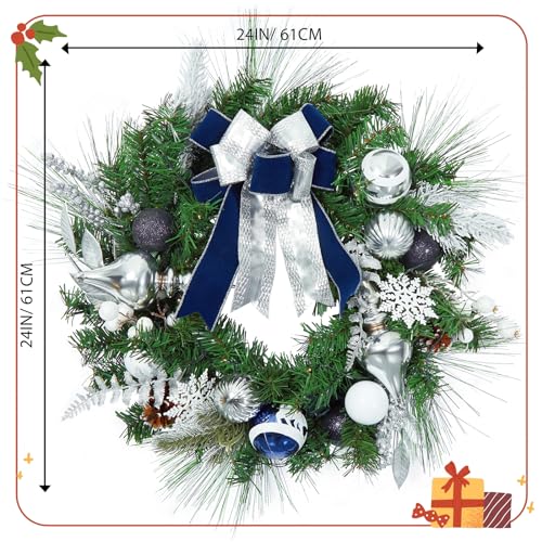 24 Inch Christmas Wreaths for Front Door, Prelit Silver Blue Christmas Wreath with 20 LED Lights Pine Cones Ball Ornaments Snowflakes for Fireplace Mantle Indoor Outdoor Xmas Decor