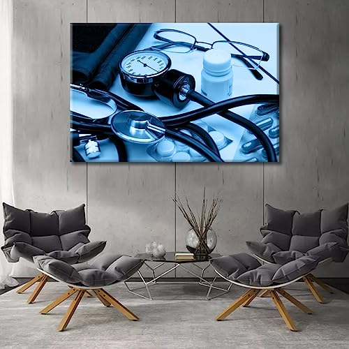 Image of Canvas Wall Art Medical Hospital Background in Blue Wall Decor for Living Room 1 Pieces Stethoscope Artwork Wall Decor for Bedroom Giclee Wooden Framed Gallery-Wrapped Ready to Hang, 24 inch Wx36 H