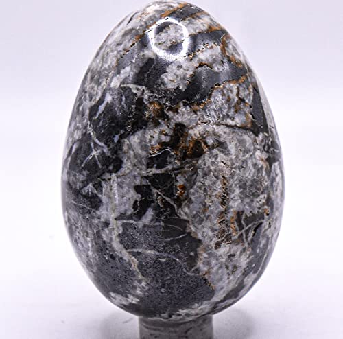 2.6" 245g Black White Onyx w/Silverish Clear Calcite Egg Pol