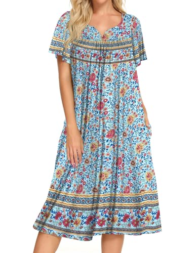 Image of Bloggerlove Mumu House Dress for Women with Pockets Short Sleeve Nightgowns | 15% Cotton, 80% Polyester, 5% Spandex, Floral Mumu House Dress, V-Neck, Short Sleeves, Midi Length, 2 Side Pockets, Lounging