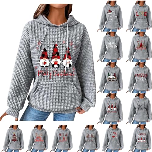 Gezqieunk Christmas Dresses for Women Uk Womens Christmas Jumpers Xmas Printed Waffle Hoodies Fall Long Sleeve Crewneck Sweatshirts Casual Loose Sweaters Soft Comfy Pullover with Pocket Grey 5XL