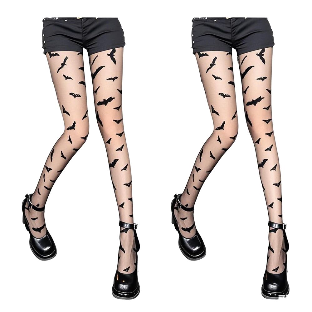 2 Pair Women’s Black Bat Pattern Sheer Tights - High-Waisted Nylon Pantyhose, Elegant & Stretchy for Spring and Fall, Hand Washable, 100g/㎡ Lightweight Knit Fabric