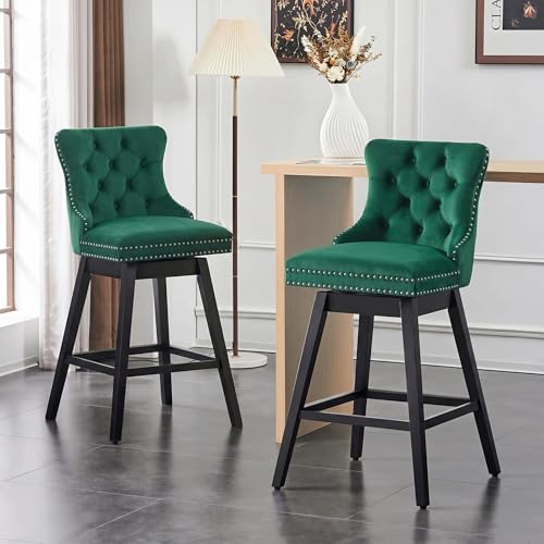 Image of Green Swivel Bar Stools, Velvet Counter Height Bar Stools Set of 2 | 360 Swivel Bar Chairs, Solid Wood Legs, Upholstered Kitchen Island Stools, Modern Extra Wide Seat (Green, 30 inch H, 2 Pack)
