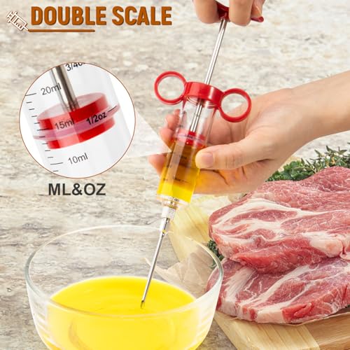 Image of Kingsmile Meat Injector, Turkey Injector Syringe - 3 Needles for BBQ Grill, 1oz Meat Injector Syringe, Injector Marinades for Meats, Meat Injectors for Smoking 1 Cleaning Brush Easy to Use & Clean Red