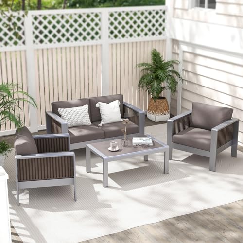 Tangkula Patio Aluminum Loveseat Sofa, Outdoor Furniture Set with Thick Back & Seat Cushions, Outside 2 Seats Sofa Conversation Set for Yard, Balcony, Garden - Image 3
