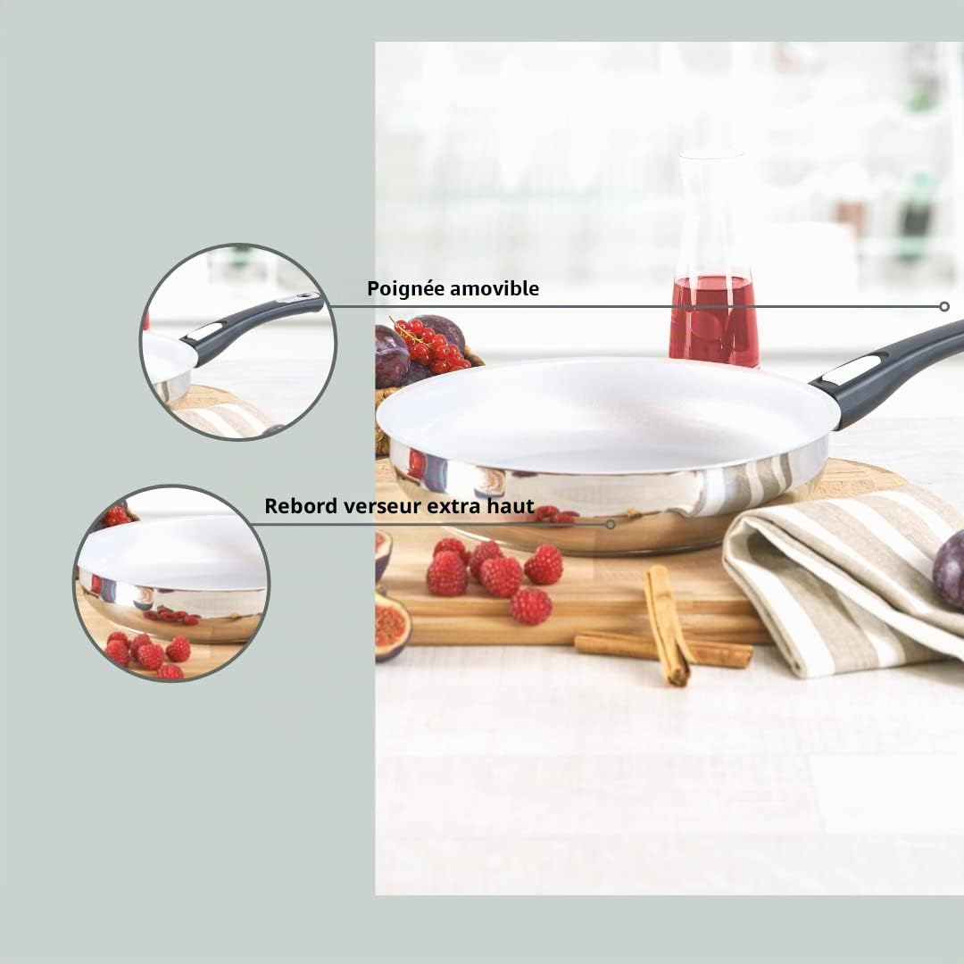 Genius Cerafit Steel Lot de 5 poêles à frire en céramique 20, 24, 28 cm avec revêtement anti-adhésif anti-rayures + couvercle en verre – Poêles à induction avec poignée amovible pour tous les types de