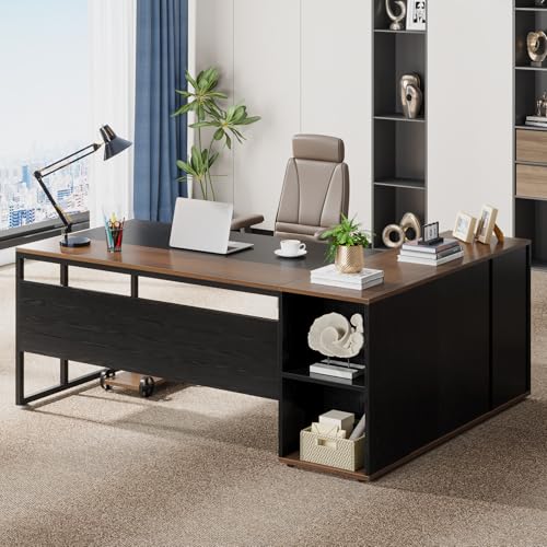 Image of Tribesigns 71 inch Executive Desk, L Shaped Desk with Cabinet Storage, Executive Office Desk with Shelves, Business Furniture Workstation for Home Office, Black and Brown