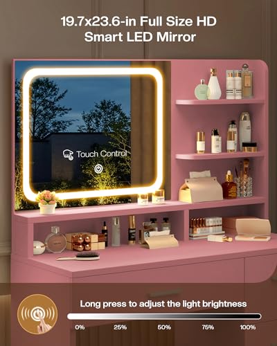 Image of LIVELYGLOW Makeup Vanity Desk Set, 35.4 inch Wx15.7 inchDx53.9 inchH, Pink (Smart LED Mirror, with Cushion Stool, Hairdryer Rack, Power-Outlet, 4 Drawers, Open Shelves)
