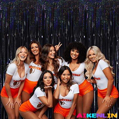 Image of 4 Pack 3.2Ft x 8.2Ft Black Foil Fringe Curtain Backdrop, Metallic Tinsel Foil Fringe Streamers Curtains Background for Photo Booth, Birthday, Wedding, Disco, Bachelorette, Christmas Party Decoration