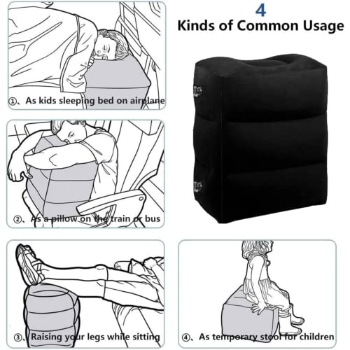 Image of Inflatable Travel Foot Rest Pillow - 3-Layer Adjustable Height Leg Rest for Airplane, Car, Office & Toddler Flight Seat Extender - Soft Flocked PVC, Portable with Pump & Dust Bag (Pack of 2, Black)