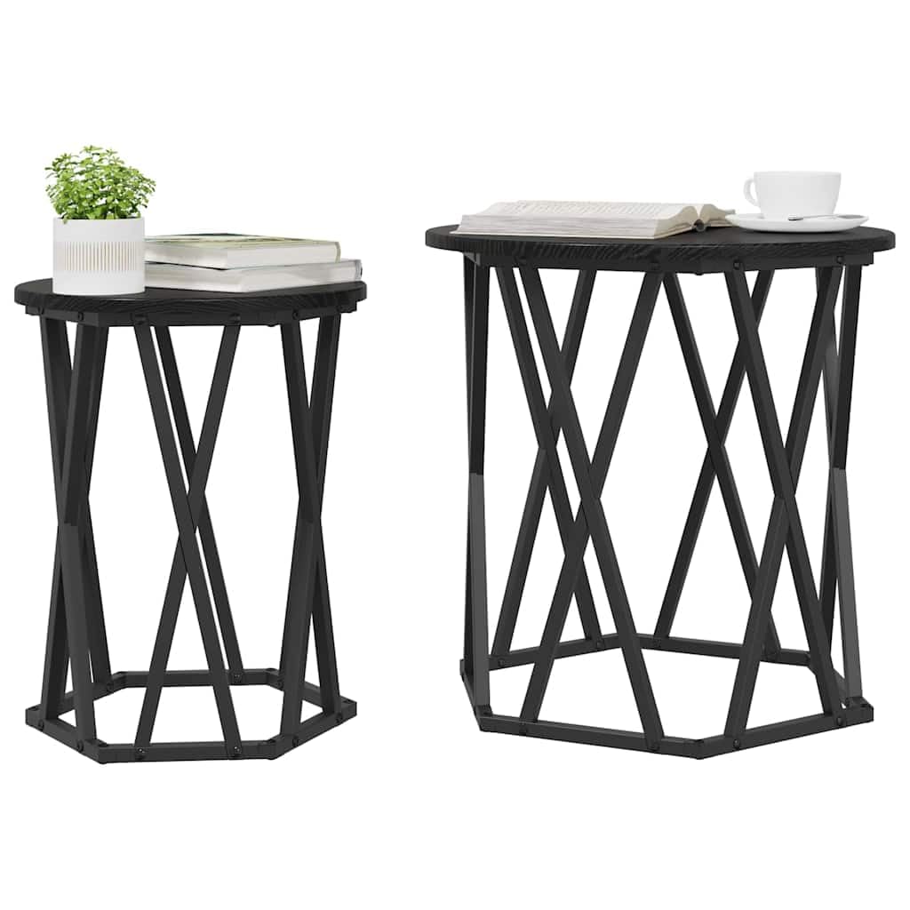 Juego de 2 mesas auxiliares de madera de roble negro, hexagonales, modernas, para salón, con diseño duradero